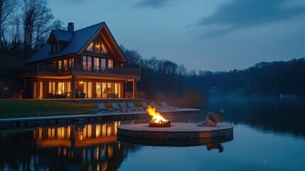 Obraz premium A serene lakeside view featuring a modern house and a cozy fire pit at dusk.