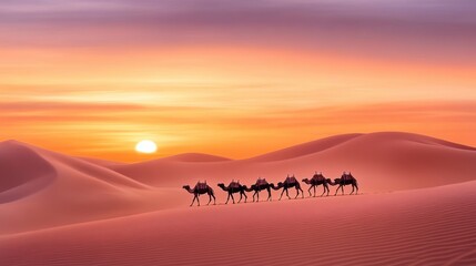 Fototapeta premium A group of camels are walking across the desert at sunset, AI