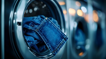 A close-up of a washing machine with jeans inside, highlighting the fabric and washing process.