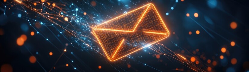 Obraz premium Glowing Envelope Icon in Dark Futuristic Background, Symbolizing Modern Communication and Business Use Cases