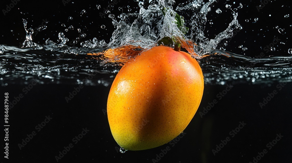 Wall mural A mango splashes into water, creating dynamic droplets and showcasing its vibrant colors.