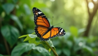 Fototapeta premium Monarch Butterfly Resting on Leaf in a Lush Green Environment