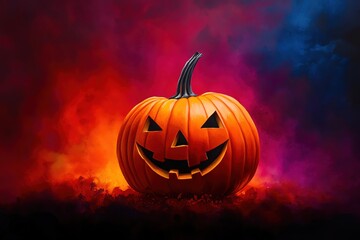 A vibrant Halloween pumpkin with a spooky face, set against a colorful, misty background, perfect for festive themes.