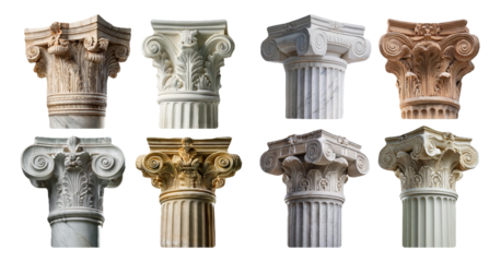 Classical column capital designs in different materials isolated on transparent background