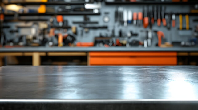 A blank metal tabletop with blurred automotive tools and parts in the background.