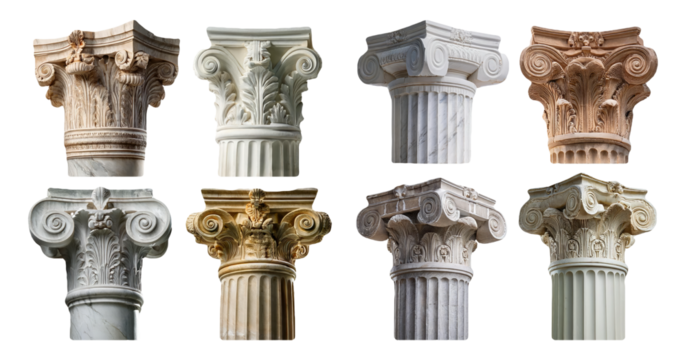 Classical column capital designs in different materials isolated on transparent background