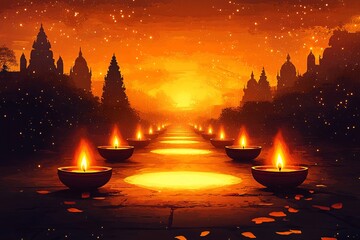 Diwali Festival   Candles and Temple Silhouettes at Sunset