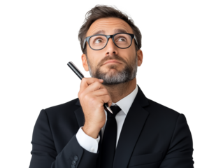 A professional man in formal attire with a contemplative expression, indicating deep thought, decision-making, and problem-solving.