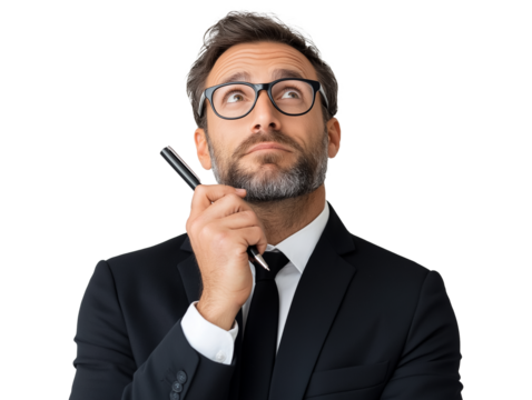 A professional man in formal attire with a contemplative expression, indicating deep thought, decision-making, and problem-solving.