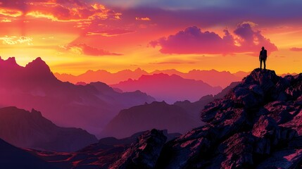 Fototapeta premium Hiker Silhouetted Against Glowing Sunset Sky Overlooking Rugged Mountain Peaks