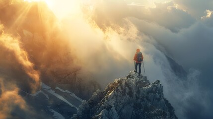 Obraz premium Hiker Traversing Dramatic Mountain Ridge with Sunlight and Clouds
