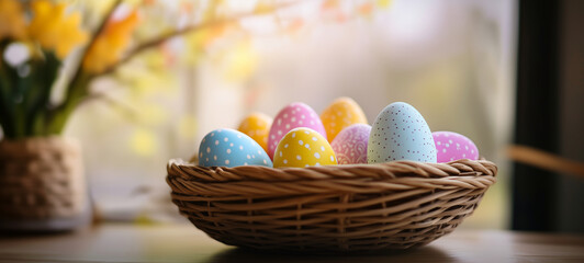 Colorful Easter eggs in a basket on a table against a window with a blurred spring background
