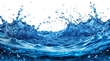 Dynamic splashes create a lively scene with droplets floating in the air. Waves of blue water dominate the frame, capturing the energy and movement of the liquid against a transparent background.AI ge