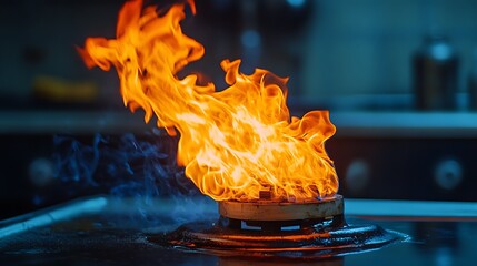 A close-up of a gas stove burner with a flame and smoke. The flame is orange and yellow, while the smoke is blue. The stovetop is black.