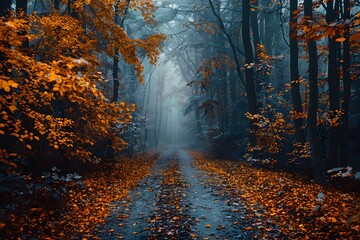 Enchanted Autumn Pathway Through a Misty Forest