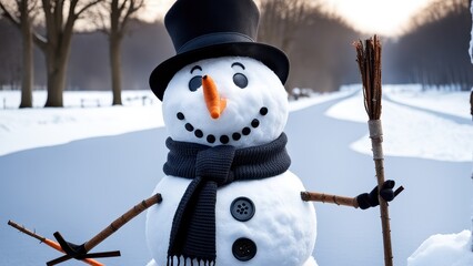 Obraz premium A cheerful snowman with a top hat and scarf stands in a snowy landscape, bringing winter joy.