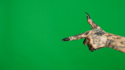 Fototapeta premium Creepy halloween monster hand in black paint with nails moving pointing finger at side, isolated on chroma key green screen background, workspace mockup.