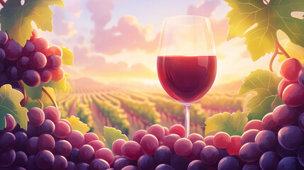 Fototapeta premium Painting of a Wine Glass and Vineyard at Sunset