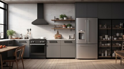 A modern kitchen with natural gas appliances, including a stove, oven, and refrigerator, arranged in a sleek and stylish design.