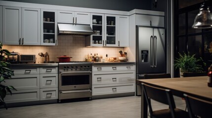 A modern kitchen with natural gas appliances, including a stove, oven, and refrigerator, arranged in a sleek and stylish design.