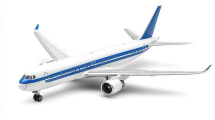 Obraz premium A detailed model of a modern commercial airplane with blue and white design, ideal for aviation and travel-themed projects, white background