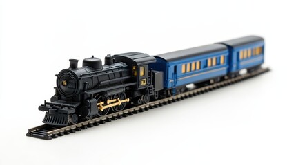 Obraz premium A detailed model of a classic steam locomotive with blue passenger cars, perfect for train enthusiasts and collectors, white background