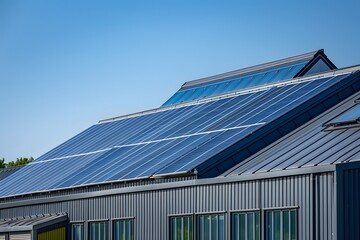 Modern Building with Solar Panels Under Clear Blue Sky