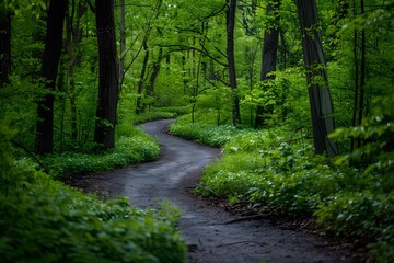 Fototapeta premium Serene Forest Pathway Surrounded by Lush Greenery