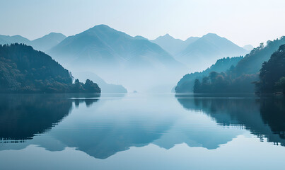 Naklejka premium Mountain lake view, misty mountains reflection, tranquil nature, peaceful landscape, calm water, relaxation scenery, mountain range, scenic beauty, nature photography, mindfulness image