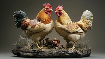 Two Roosters Facing Each Other - A Detailed Sculpture