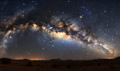 Fototapeta premium Stunning view of the Milky Way galaxy over a desert landscape, night sky filled with stars, astrophotography, celestial beauty, cosmic scenery, galaxy panorama, starry sky, space exploration