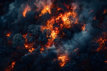 Fototapeta premium Aerial View of a Devastating Forest Fire with Flames and Smoke