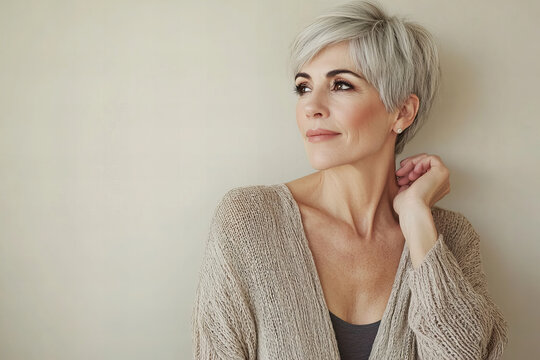 Elegant portrait of a middle-aged woman, showcasing a confident and sophisticated expression, perfect for themes of beauty, grace, and maturity.

