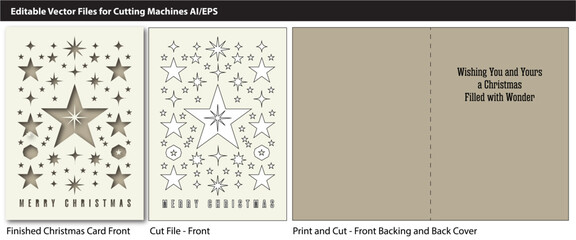 Star-themed Christmas card vector with cut-out designs for Cricut or Silhouette. Ideal for DIY holiday crafts, card making, scrapbooking, or personalized papercraft projects using cutting machines