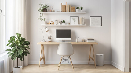 A modern home office includes a wooden desk and office chair positioned against a white wall. high-quality 3D render of a stylish and functional home office