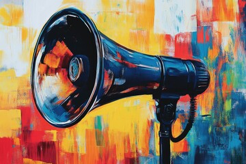 Abstract Acrylic Painting of a Black Megaphone on a Colorful Background