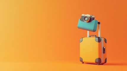 Obraz premium A retro-style suitcase with a camera on top, against an orange background.