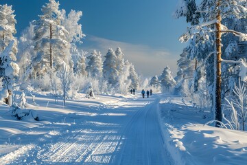 Serene Winter Wonderland: A Snow-Covered Path Through Frosty Pines