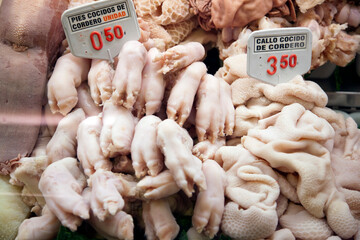 Fresh Lamb Trotters and Tripe at a Butcher Shop in La Boqueria, Barcelona
