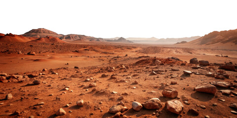A vast, rocky desert landscape stretches into the horizon with distant mountains on a transparent background. Reddish rocks of different sizes are scattered across the dry terrain. AI generated.