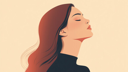 Stylized portrait of a woman, serene mood, with long flowing hair against a soft beige background