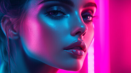 Stylized close-up portrait of a woman, glamorous mood, with vibrant neon lighting against a pink background