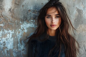 Fototapeta premium Captivating Portrait of a Young Woman with Long Hair Against a Textured Background