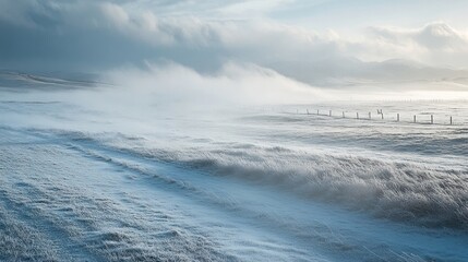 Fototapeta premium A cold front sweeping through a rural area, bringing strong winds and a sharp temperature drop as the landscape becomes covered in frost