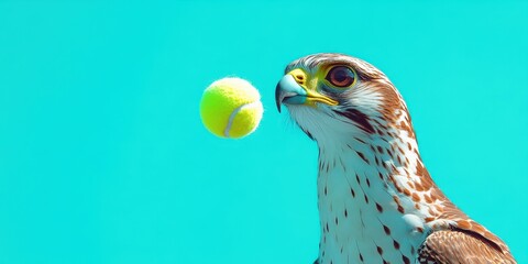 Obraz premium Eagle Gazing at Yellow Tennis Ball in Bright Blue Background