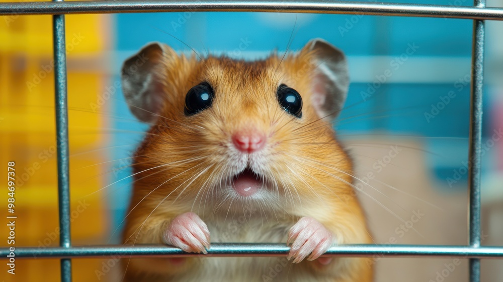 Sticker A hamster looking out of a cage with its mouth open, AI