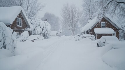 A neighborhood buried under heavy snowfall, with cars and houses barely visible beneath thick layers of snow