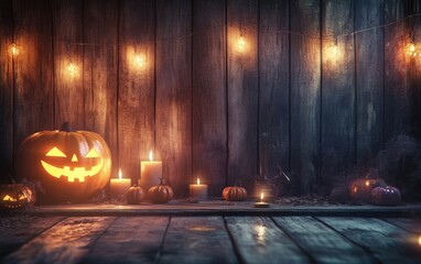 Obraz premium Halloween background with a wooden wall, candles, and pumpkins on the table Spooky Halloween-themed lights Generative AI
