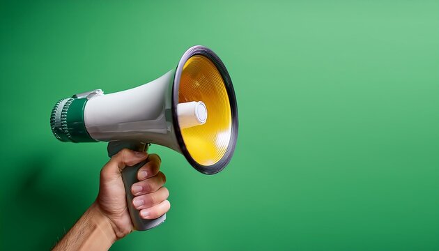 Une main tenant un m&eacute;gaphone annonce des soldes et des remises, sur un fond vif