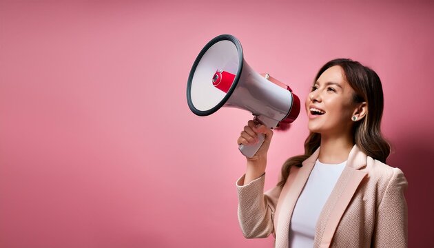 Une jeune femme tenant un m&eacute;gaphone annonce des soldes et des remises, sur un fond vif